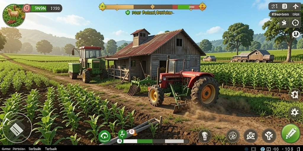 Screenshot utama 9N9N menampilkan ladang subur dan aktivitas pertanian