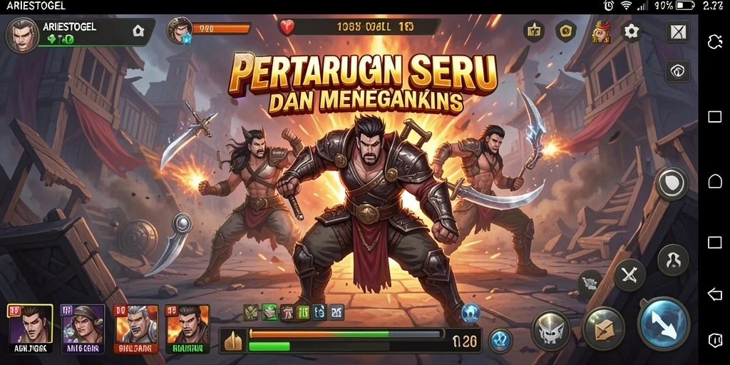 Tangkapan layar gameplay <strong>ARIESTOGEL</strong> menampilkan pertarungan mendebarkan dengan efek spektakuler.