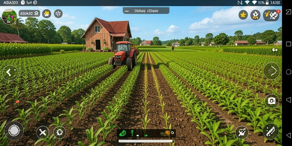 Tampilan gameplay ASIA303 yang menampilkan aktivitas bertani dan merawat tanaman.