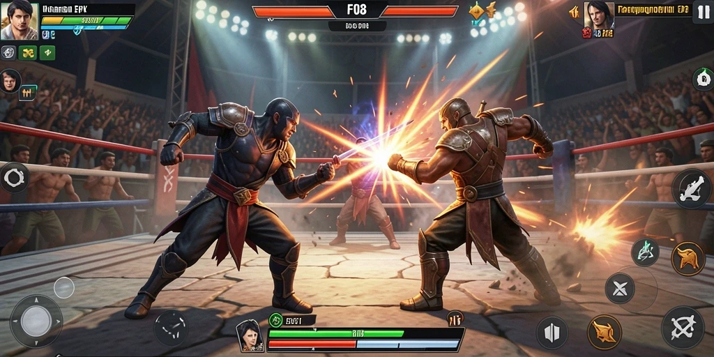 Tangkapan layar gameplay F08 menampilkan pertarungan intens dengan karakter unik.