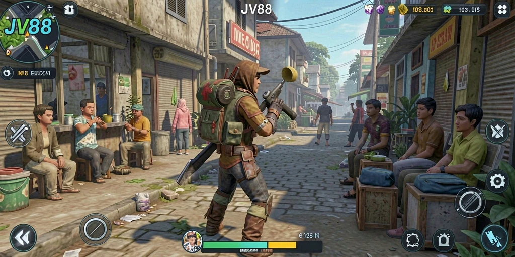 Screenshot gameplay JV88 menampilkan interaksi karakter yang dinamis.