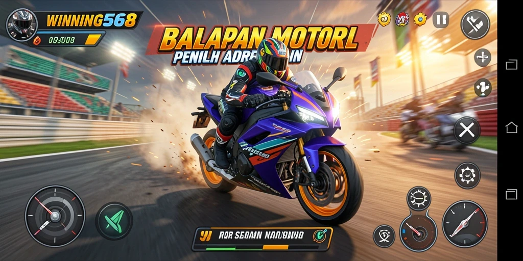 Screenshot gameplay WINNING568 yang menunjukkan balapan motor yang intens.